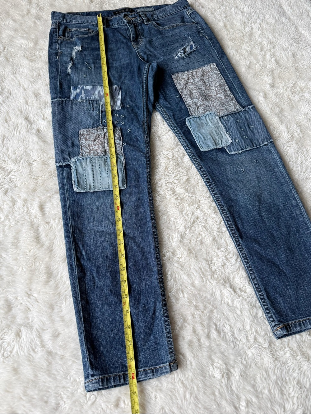 VTG Woman Blue Denim Patchwork Boyfriend Fit Jeans US4 Boho Western Country Folk - Picture 6 of 8